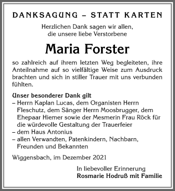 Traueranzeige von Maria Forster von Allgäuer Zeitung,Kempten