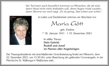 Traueranzeige von Maria Gött von Allgäuer Zeitung, Füssen