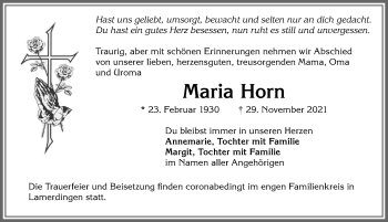 Traueranzeige von Maria Horn von Allgäuer Zeitung, Kaufbeuren/Buchloe