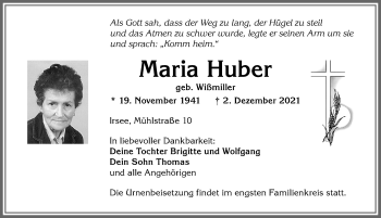 Traueranzeige von Maria Huber von Allgäuer Zeitung, Kaufbeuren/Buchloe
