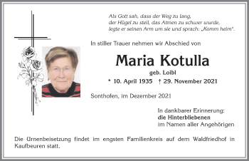 Traueranzeige von Maria Kotulla von Allgäuer Anzeigeblatt