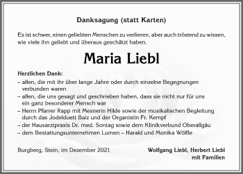 Traueranzeige von Maria Liebl von Allgäuer Anzeigeblatt