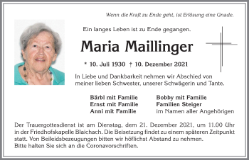 Traueranzeige von Maria Maillinger von Allgäuer Anzeigeblatt