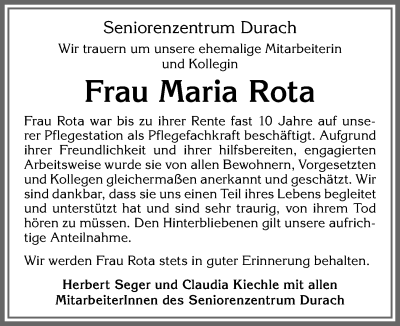  Traueranzeige für Maria Rota vom 01.12.2021 aus Allgäuer Zeitung,Kempten