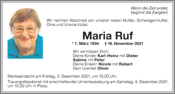 Traueranzeige von Maria Ruf von Memminger Zeitung