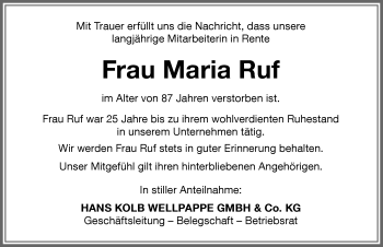 Traueranzeige von Maria Ruf von Memminger Zeitung