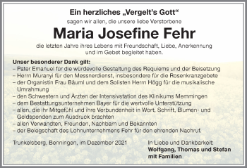 Traueranzeige von Maria Josefine Fehr von Memminger Zeitung