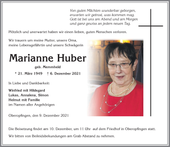 Traueranzeige von Marianne Huber von Memminger Zeitung
