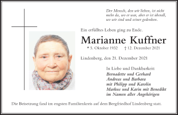 Traueranzeige von Marianne Kuffner von Der Westallgäuer
