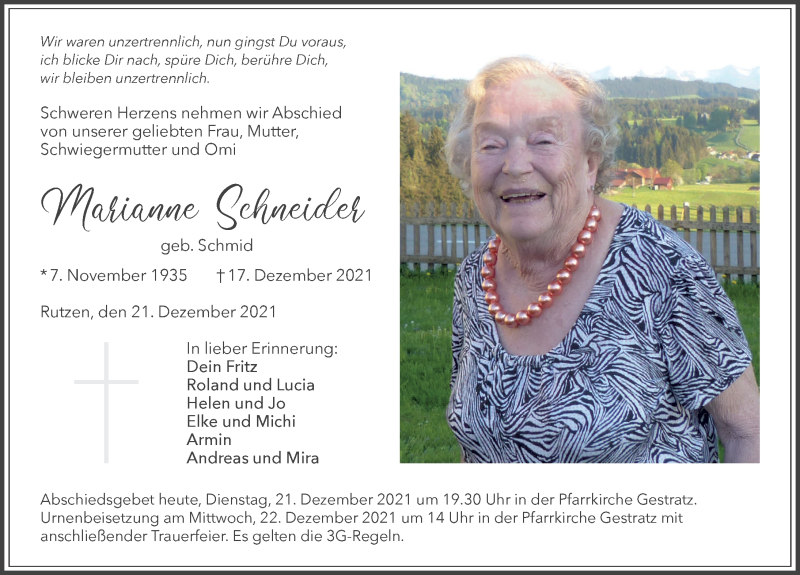 Traueranzeige für Marianne Schneider vom 21.12.2021 aus Der Westallgäuer