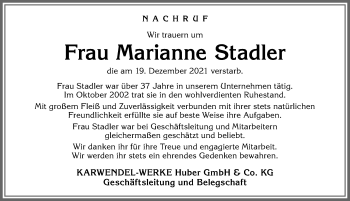 Traueranzeige von Marianne Stadler von Allgäuer Zeitung, Kaufbeuren/Buchloe