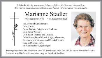 Traueranzeige von Marianne Stadler von Allgäuer Zeitung, Kaufbeuren/Buchloe