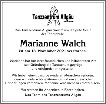 Traueranzeige von Marianne Walch von Allgäuer Zeitung,Kempten