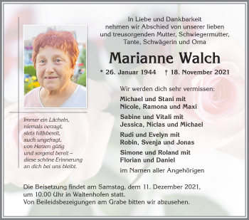 Traueranzeige von Marianne Walch von Allgäuer Zeitung,Kempten