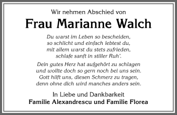 Traueranzeige von Marianne Walch von Allgäuer Zeitung,Kempten