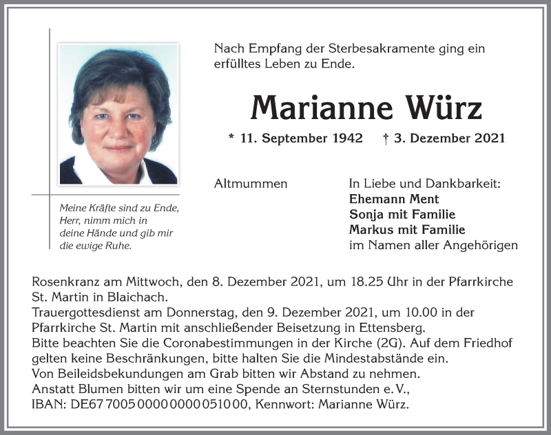  Traueranzeige für Marianne Würz vom 07.12.2021 aus Allgäuer Anzeigeblatt