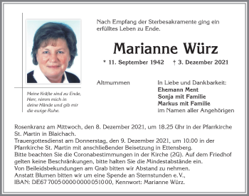 Traueranzeige von Marianne Würz von Allgäuer Anzeigeblatt