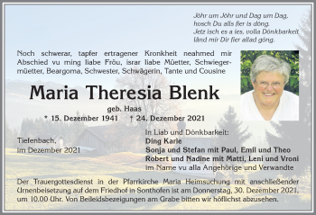 Traueranzeige von Maria Theresia Blenk von Allgäuer Anzeigeblatt
