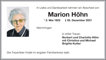 Traueranzeige von Marion Höhn von Memminger Zeitung