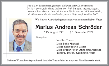 Traueranzeige von Marius Andreas Schröder von Allgäuer Zeitung,Kempten