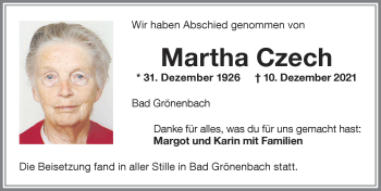 Traueranzeige von Martha Czech von Memminger Zeitung