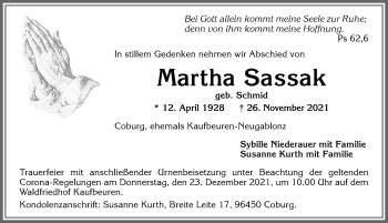 Traueranzeige von Martha Sassak von Allgäuer Zeitung, Kaufbeuren/Buchloe