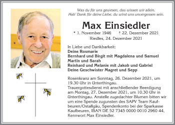 Traueranzeige von Max Einsiedler von Allgäuer Zeitung, Marktoberdorf