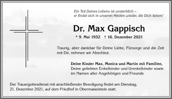 Traueranzeige von Max Gappisch von Allgäuer Anzeigeblatt