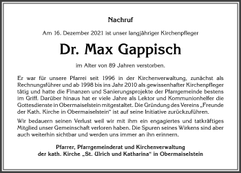 Traueranzeige von Max Gappisch von Allgäuer Anzeigeblatt