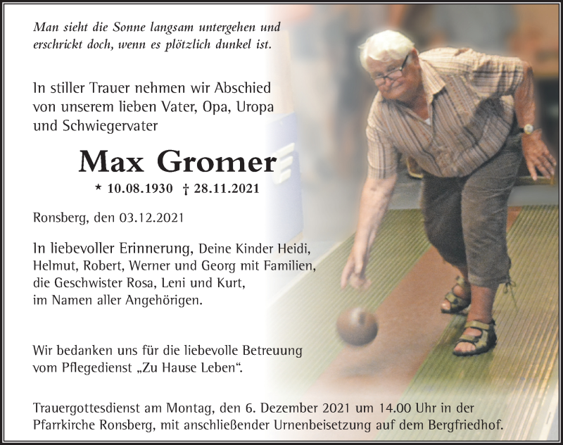  Traueranzeige für Max Gromer vom 03.12.2021 aus Allgäuer Zeitung, Marktoberdorf