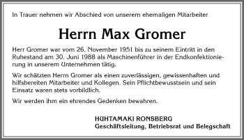 Traueranzeige von Max Gromer von Allgäuer Zeitung,Kempten