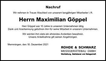 Traueranzeige von Maximilian Göppel von Memminger Zeitung