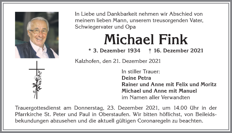  Traueranzeige für Michael Fink vom 21.12.2021 aus Allgäuer Anzeigeblatt