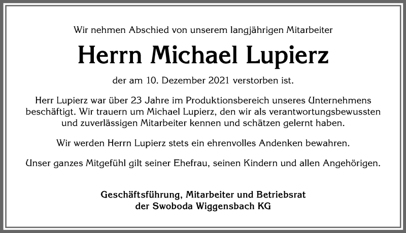  Traueranzeige für Michael Lupierz vom 15.12.2021 aus Allgäuer Zeitung,Kempten