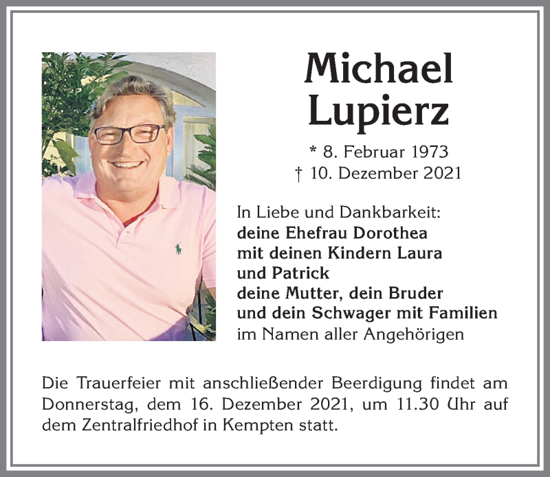  Traueranzeige für Michael Lupierz vom 14.12.2021 aus Allgäuer Zeitung,Kempten