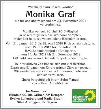 Traueranzeige von Monika Graf von Allgäuer Zeitung,Kempten