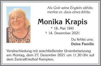 Traueranzeige von Monika Krapis von Allgäuer Zeitung,Kempten