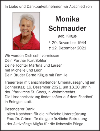 Traueranzeige von Monika Schmauder von Der Westallgäuer
