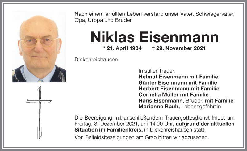  Traueranzeige für Niklas Eisenmann vom 02.12.2021 aus Memminger Zeitung