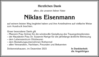 Traueranzeige von Niklas Eisenmann von Memminger Zeitung