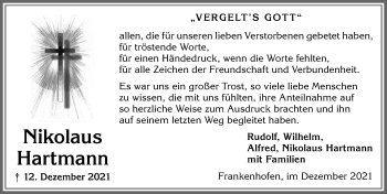 Traueranzeige von Nikolaus Hartmann von Allgäuer Zeitung, Kaufbeuren/Buchloe