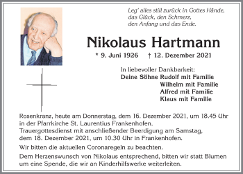 Traueranzeige von Nikolaus Hartmann von Allgäuer Zeitung, Kaufbeuren/Buchloe