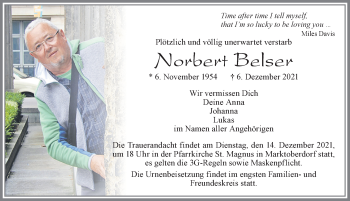 Traueranzeige von Norbert Belser von Allgäuer Zeitung, Marktoberdorf