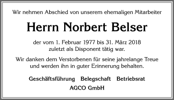 Traueranzeige von Norbert Belser von Allgäuer Zeitung, Marktoberdorf