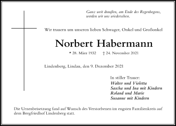 Traueranzeige von Norbert Habermann von Der Westallgäuer