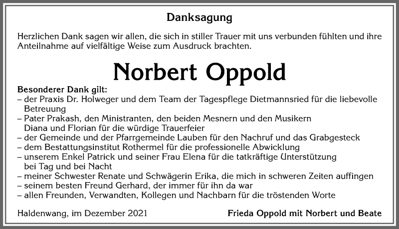  Traueranzeige für Norbert Oppold vom 16.12.2021 aus Allgäuer Zeitung,Kempten