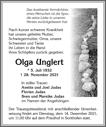 Traueranzeige von Olga Unglert von Allgäuer Anzeigeblatt