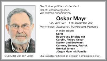 Traueranzeige von Oskar Mayr von Memminger Zeitung