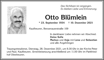Traueranzeige von Otto Blümlein von Allgäuer Zeitung, Kaufbeuren/Buchloe