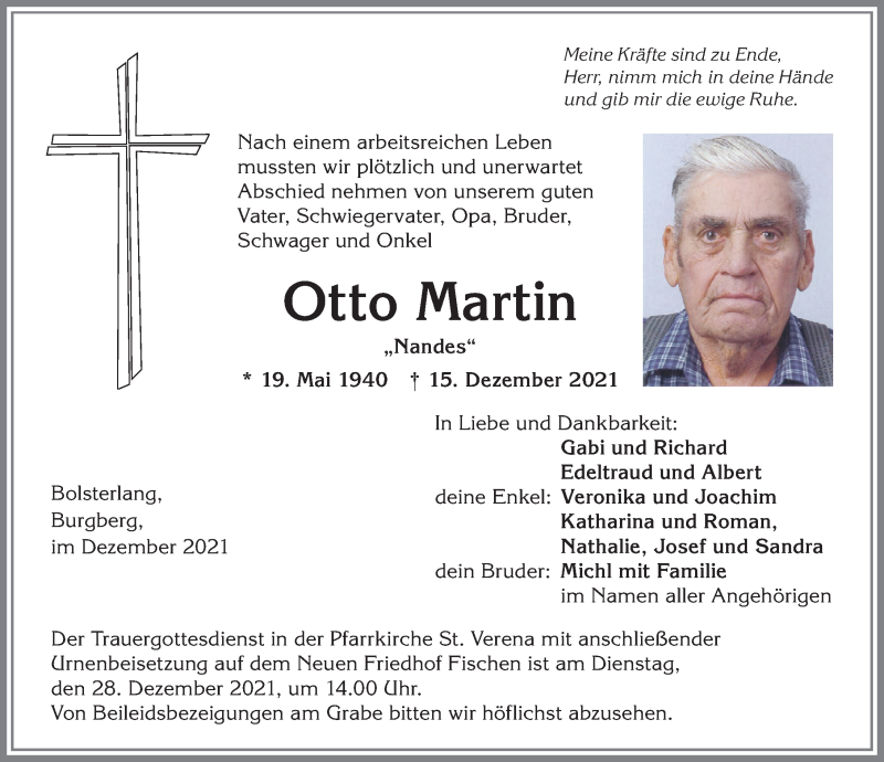  Traueranzeige für Otto Martin vom 24.12.2021 aus Allgäuer Anzeigeblatt
